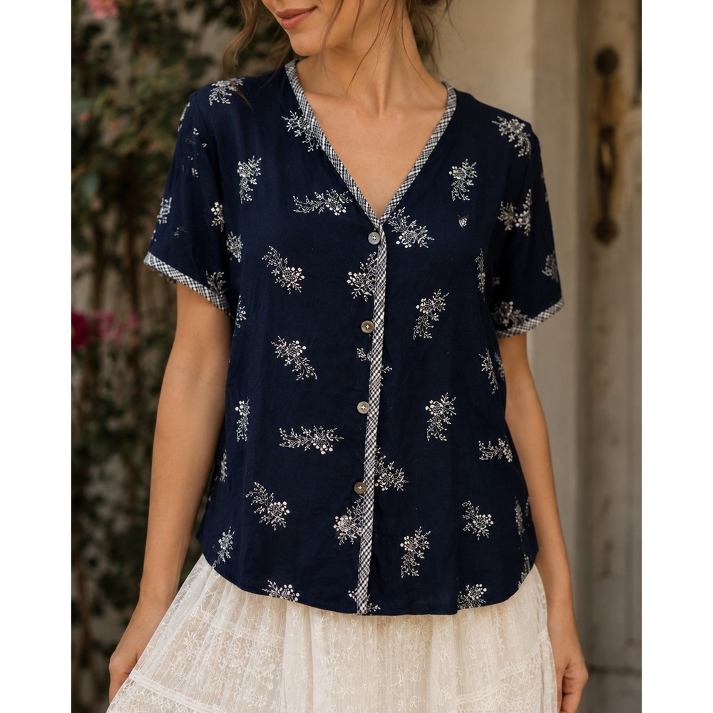 Karen Kane Blouse Women 14 Navy Floral Gingham Trim Button Front Short Sleeve